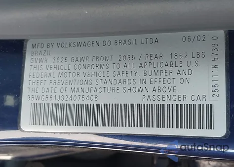 2002 Volkswagen Golf Gls 2.0L z USA, uszkodzony, nr VIN 9BWGB61J324075408